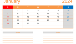 Download January 2024 Blank Calendar Template A4 Horizontal J4214