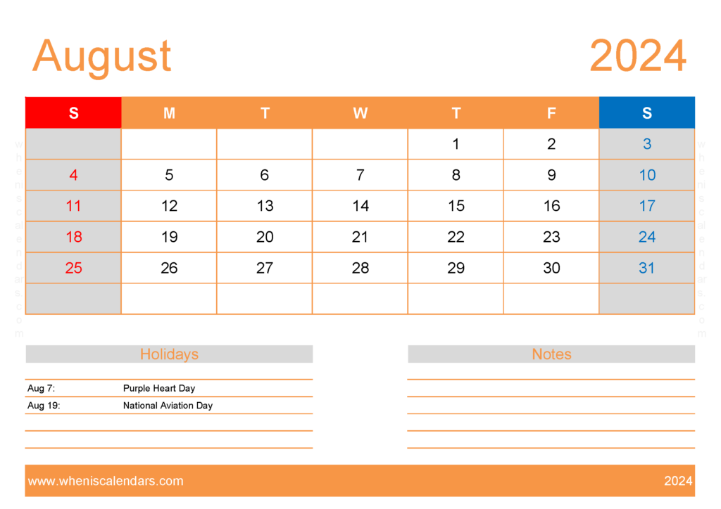 Download Free Printable Calendars August 2024 A4 Horizontal 84134