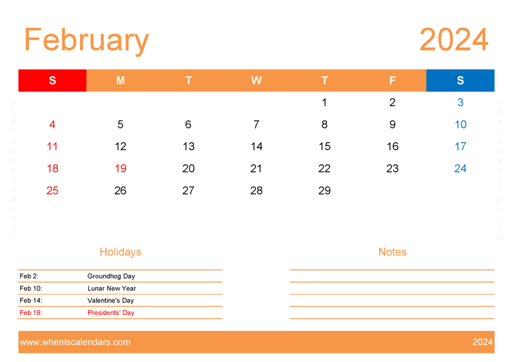 Download Free Printable Calendars February 2024 A4 Horizontal 24134