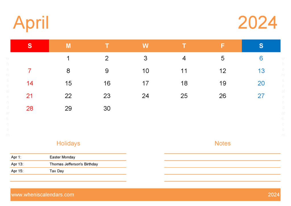 April 2024 Vertical Calendar Printable A4415