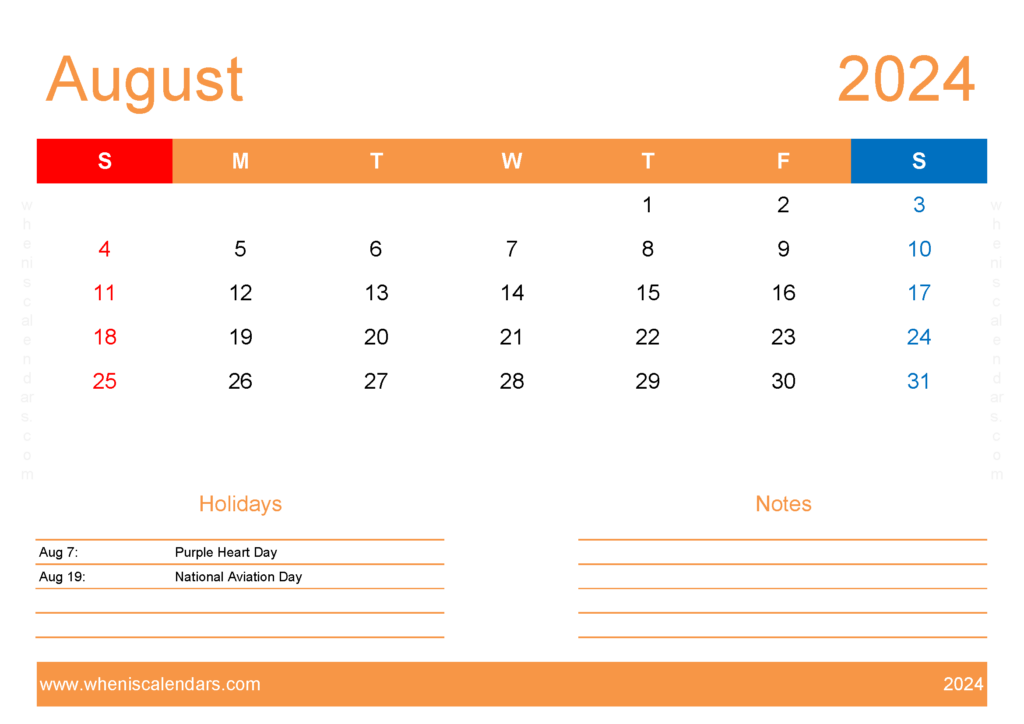 Download 2024 Printable Calendar August A4 Horizontal 84135