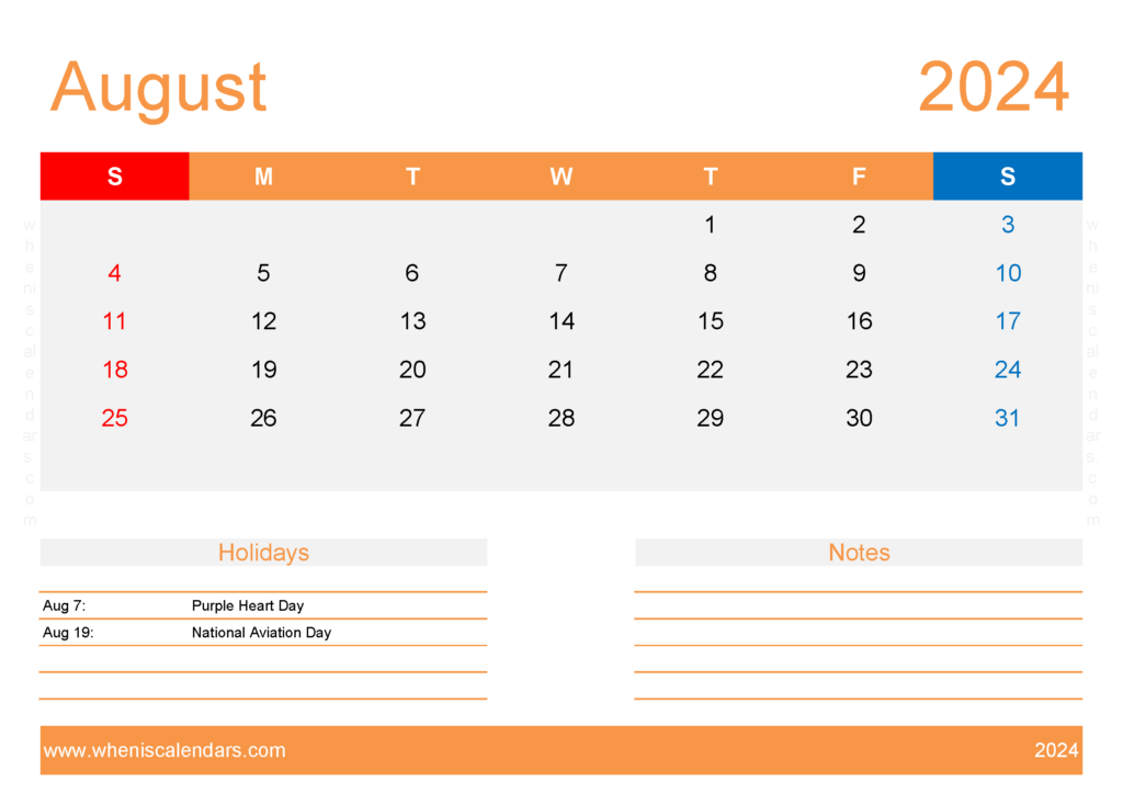 Download empty Calendar August 2024 A4 Horizontal 84136