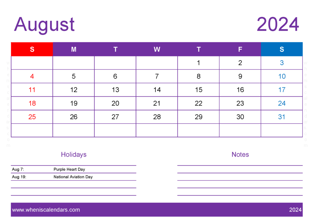 Download Printable Blank August 2024 Calendar A4 Horizontal 84137