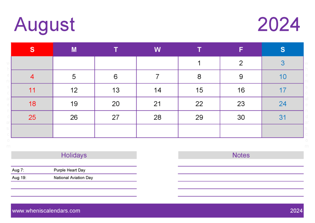 Download August 2024 Calendar pdf Free A4 Horizontal 84138