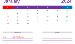 Download monthly Calendar January 2024 Printable A4 Horizontal J4139