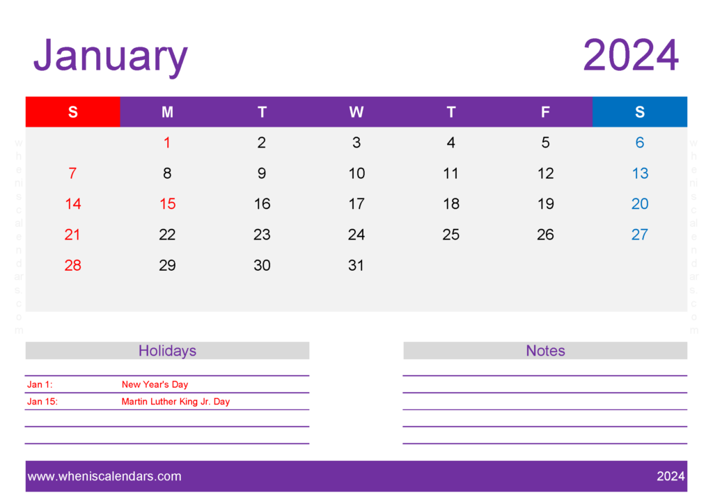 Download January 2024 Calendar Template Free A4 Horizontal J4140