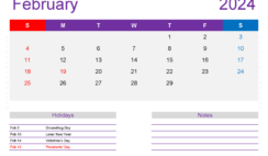 February Calendar 2024 Printable cute F2420