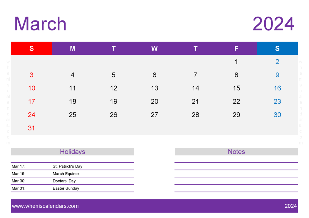 Download March 2024 Calendar Template Free A4 Horizontal 34140