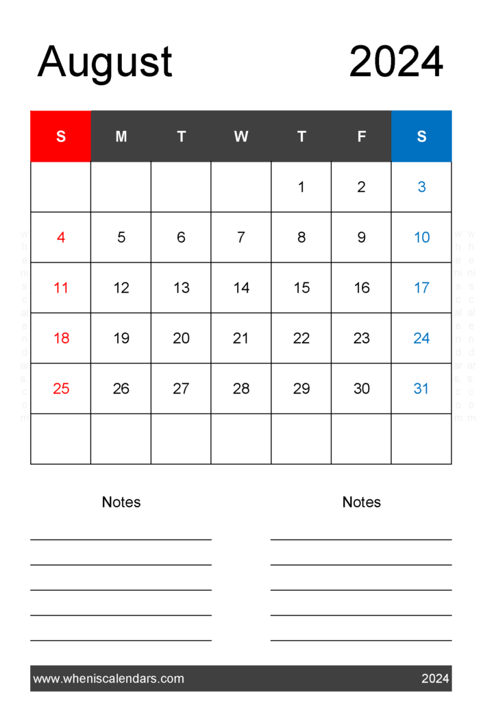 Download August 2024 A4 Calendar A4 Vertical 84221