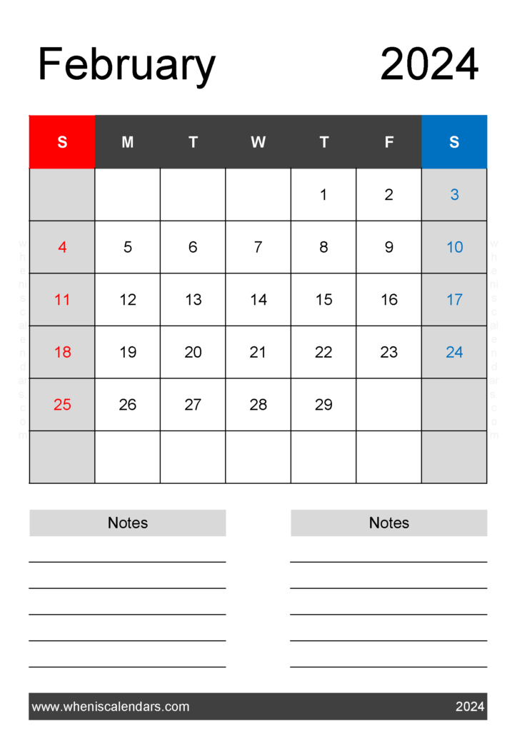 Download February weekly Calendar 2024 Printable A4 Vertical 24222