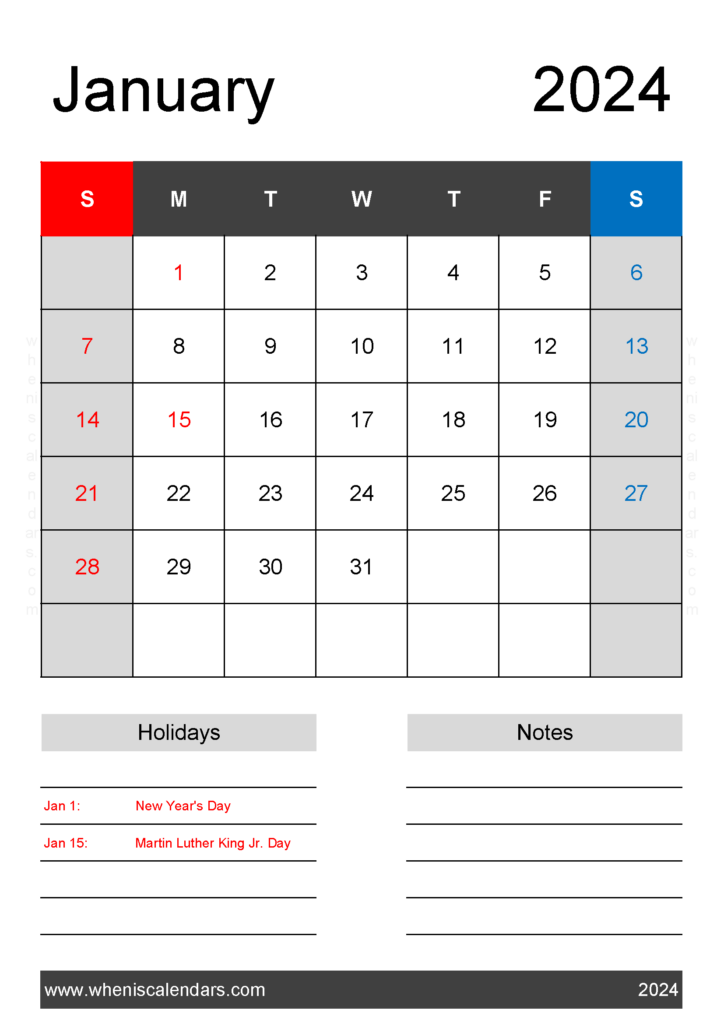 Download Print January 2024 Calendar Template A4 Vertical J4142