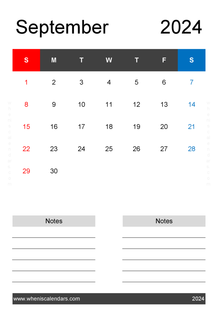 Download Printable month Calendar September 2024 A4 Vertical 94223