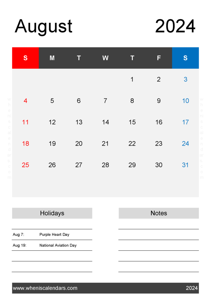 Download August 2024 print Calendar A4 Vertical 84144