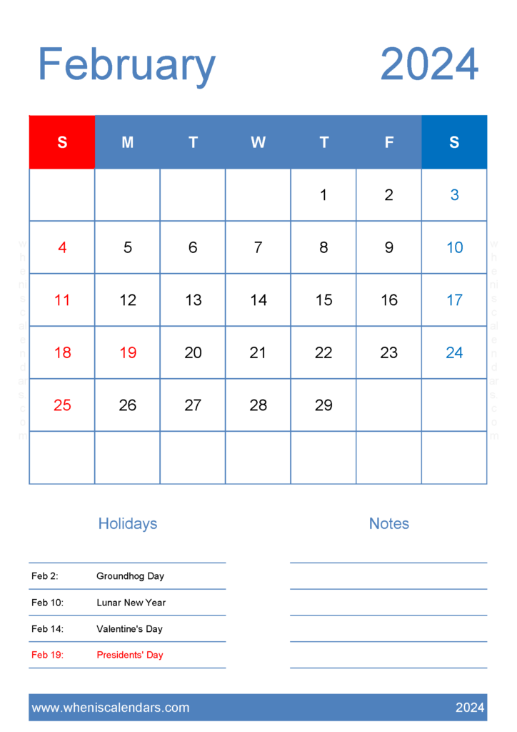 Download Free February 2024 Calendar to print A4 Vertical 24145