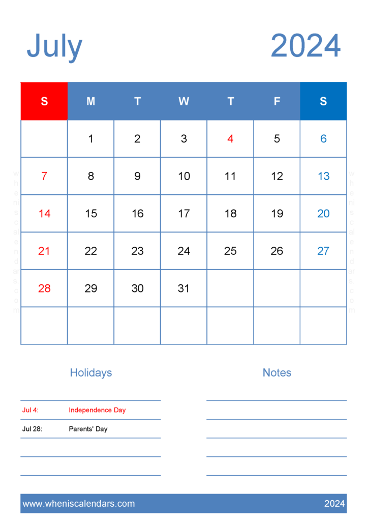 Download Free July 2024 Calendar to print A4 Vertical 74145