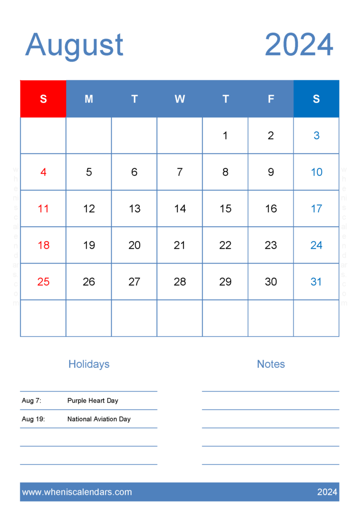 Download Free August 2024 Calendar to print A4 Vertical 84145