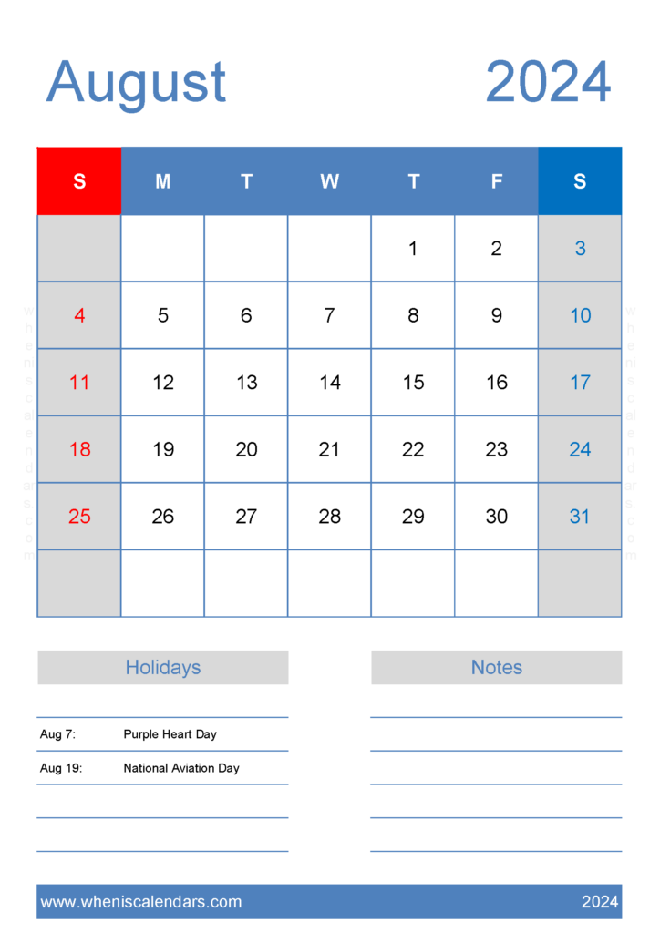 Download Free Calendar Aug 2024 Printable A4 Vertical 84146