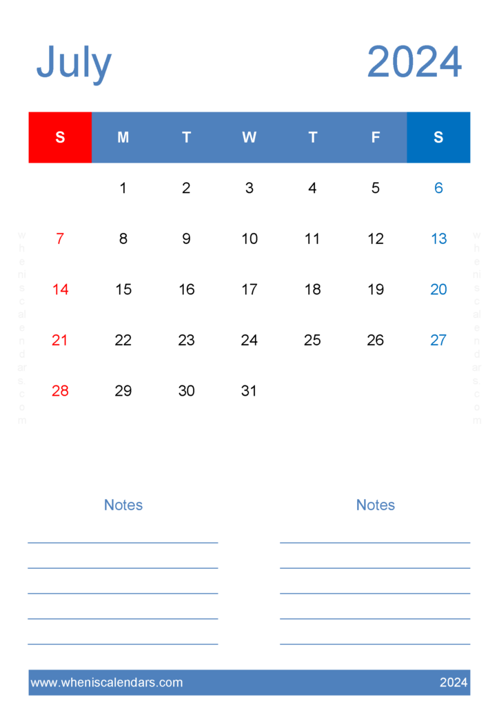 Download Editable July Calendar 2024 A4 Vertical 74227