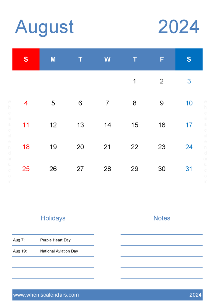 Download August 2024 Calendar editable Template A4 Vertical 84147