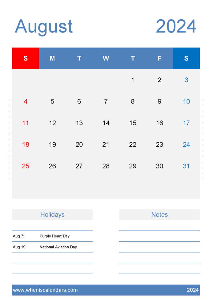 Download August 2024 Calendar Free download A4 Vertical 84148