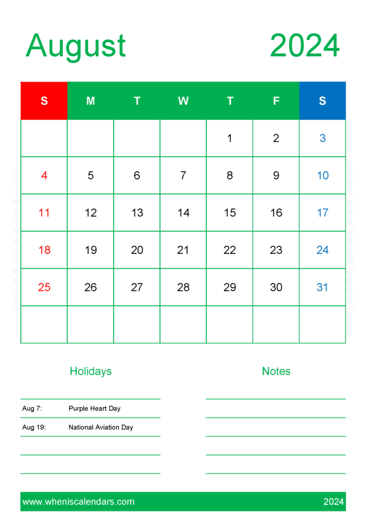 Download Printable monthly Calendar Aug 2024 A4 Vertical 84149