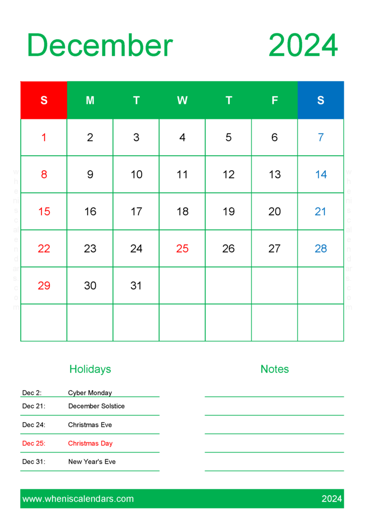 Download Printable monthly Calendar Dec 2024 A4 Vertical 124149