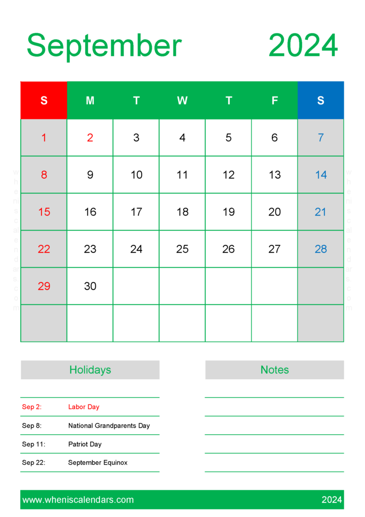 Download Free Calendar Template September 2024 A4 Vertical 94150