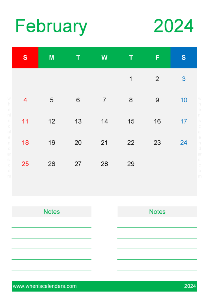 Download Calendar Blank February 2024 A4 Vertical 24232