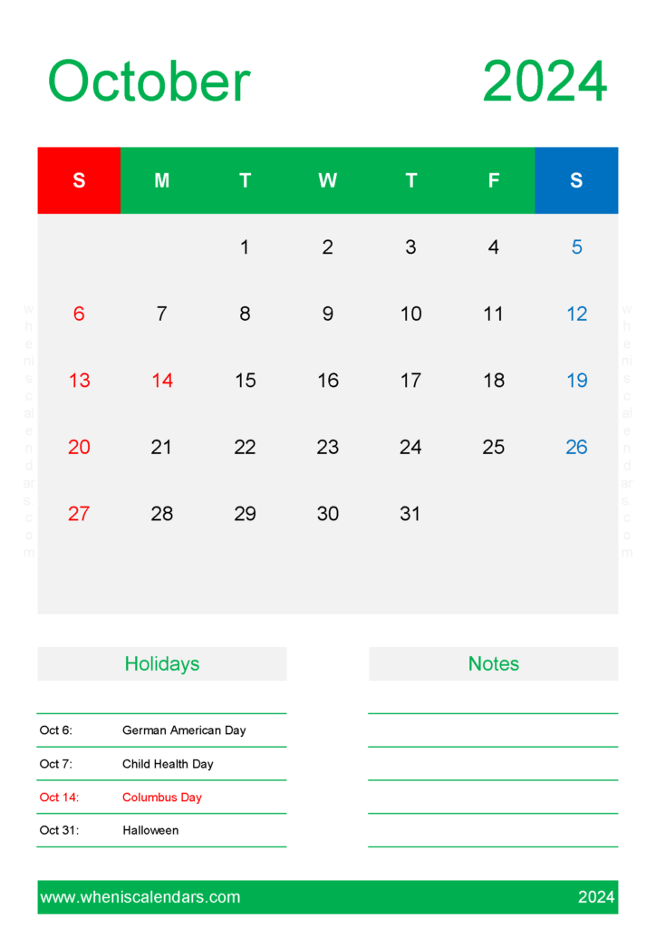 Download October Calendar 2024 excel A4 Vertical 104152