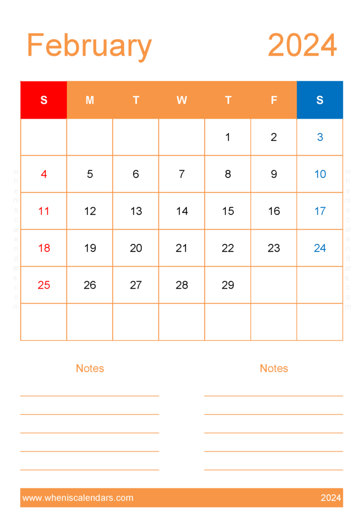 Download 2024 February Calendar excel A4 Vertical 24233