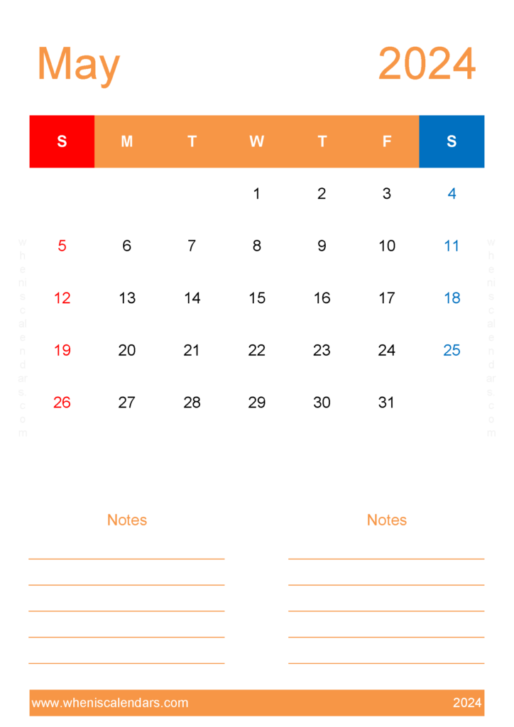 Download Printable May 2024 Calendar Free A4 Vertical 54235