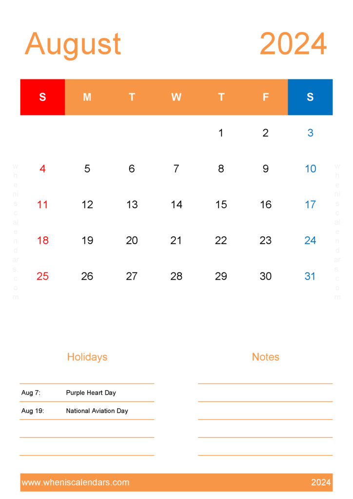 Download August 2024 Calendar Template word A4 Vertical 84155