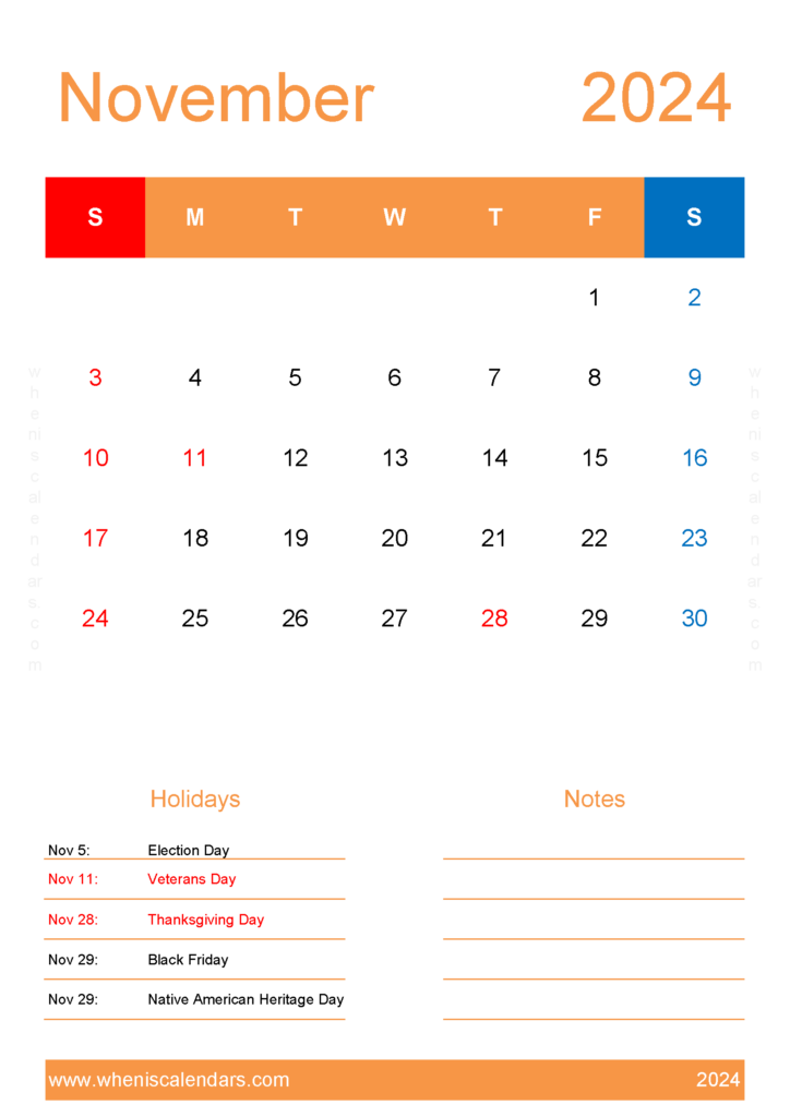 Download November 2024 Calendar Template Word A4 Vertical 114155