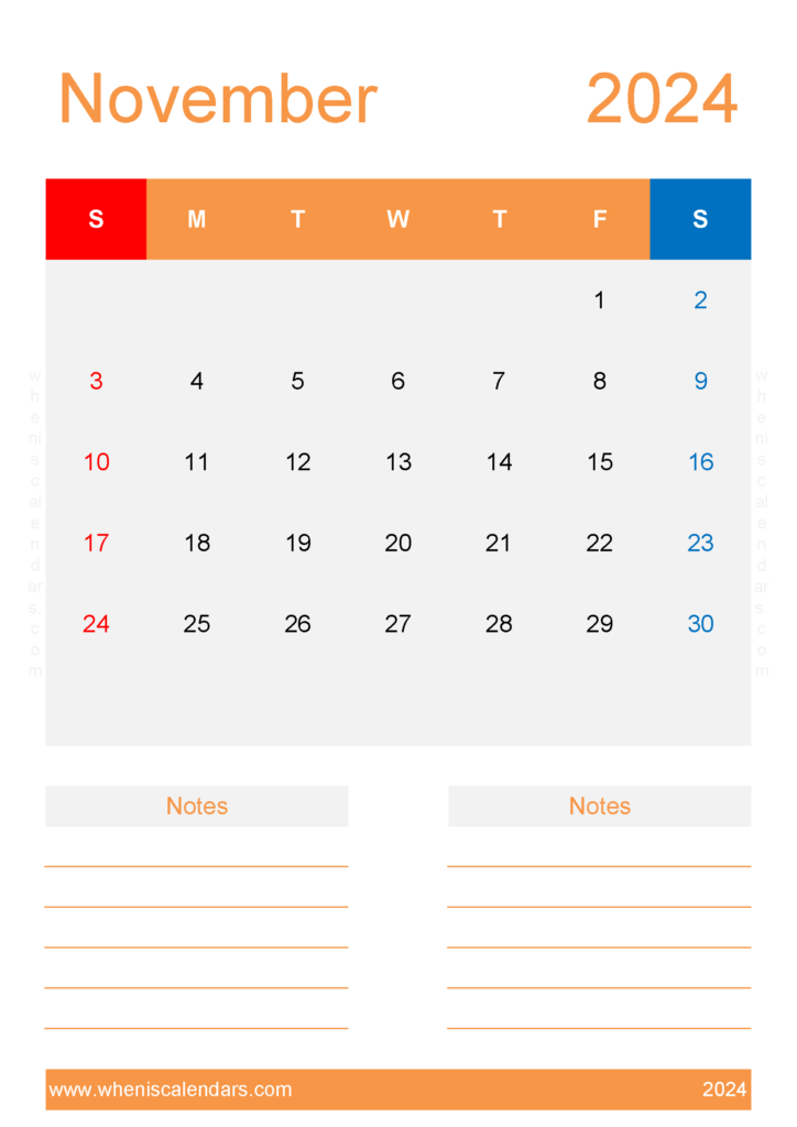 Download Free Blank Calendar Template November 2024 A4 Vertical 114236