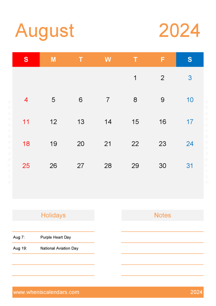 Download August 2024 Blank Calendar Printable A4 Vertical 84156