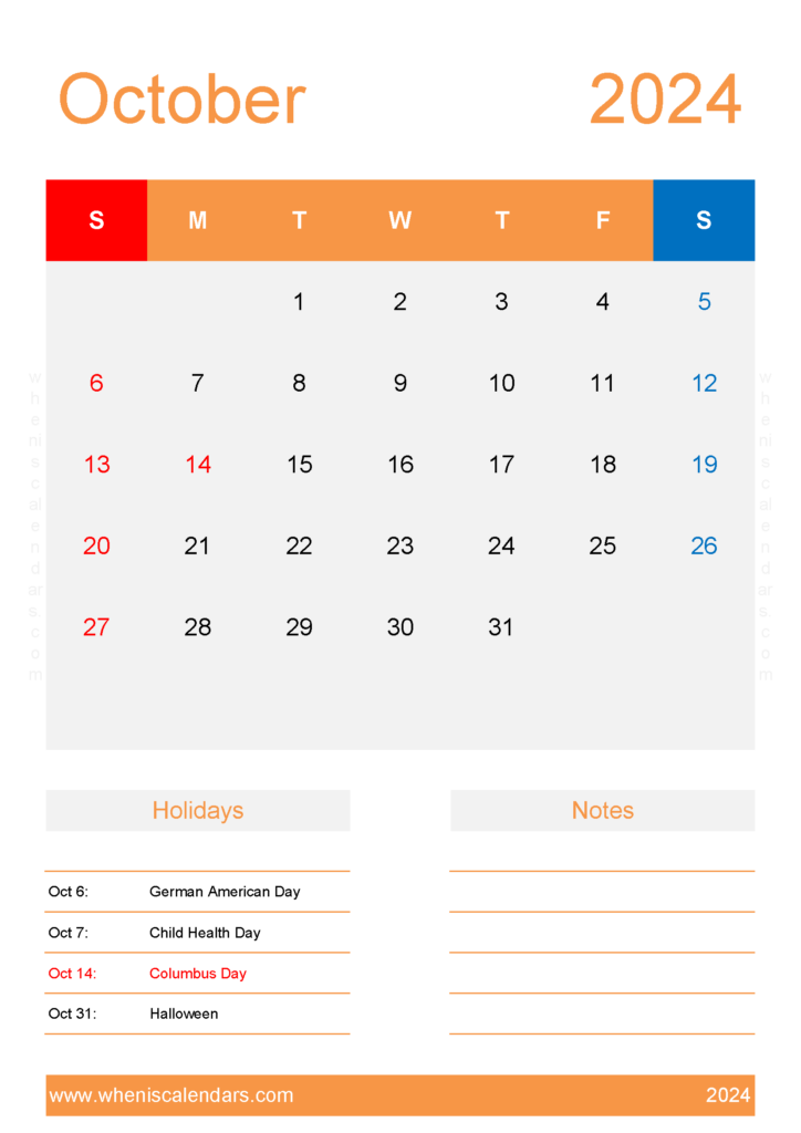 Download October 2024 Blank Calendar Printable A4 Vertical 104156