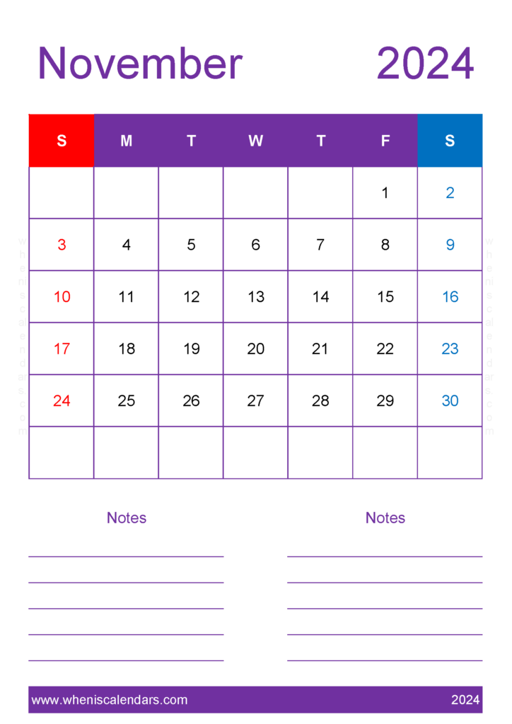 Download November 2024 Calendar with bank Holidays A4 Vertical 114237