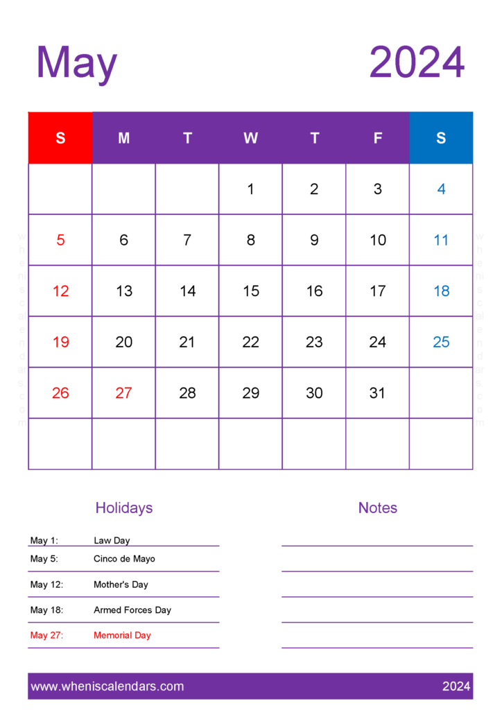 Download Free Calendar for May 2024 A4 Vertical 54157