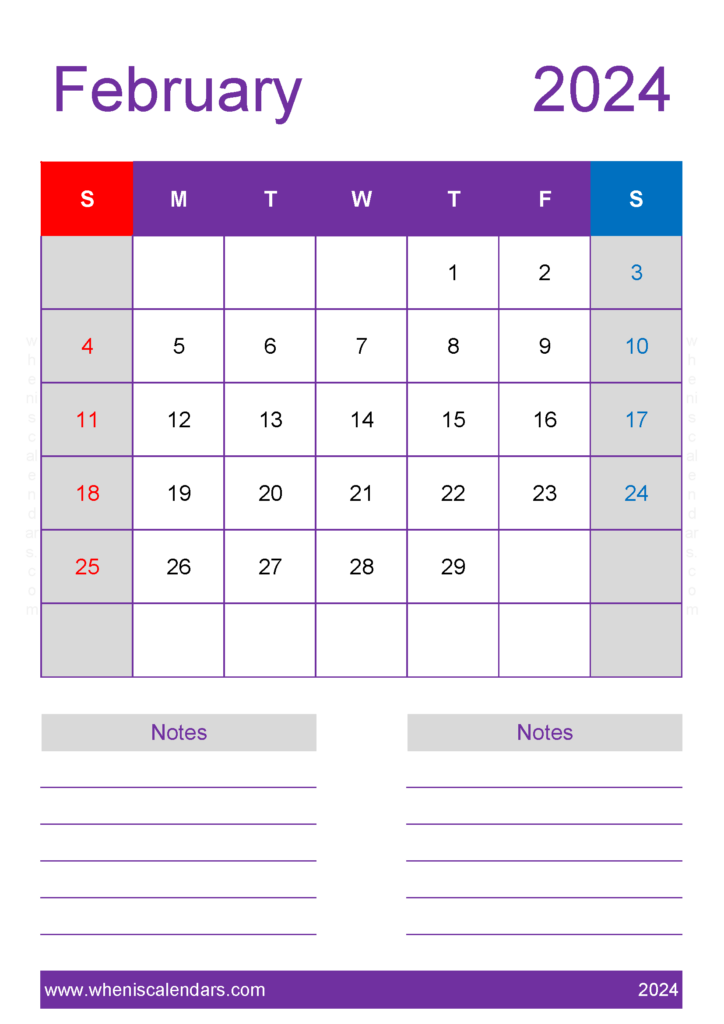 Download February 2024 Calendar large print A4 Vertical 24238