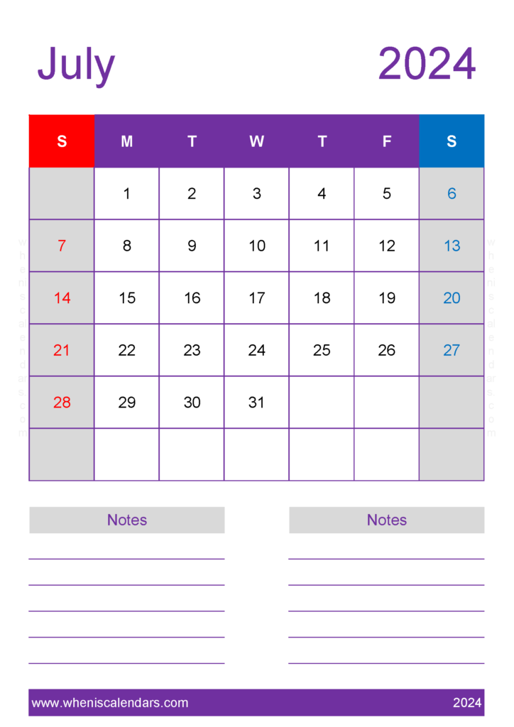 Download July 2024 Calendar large print A4 Vertical 74238