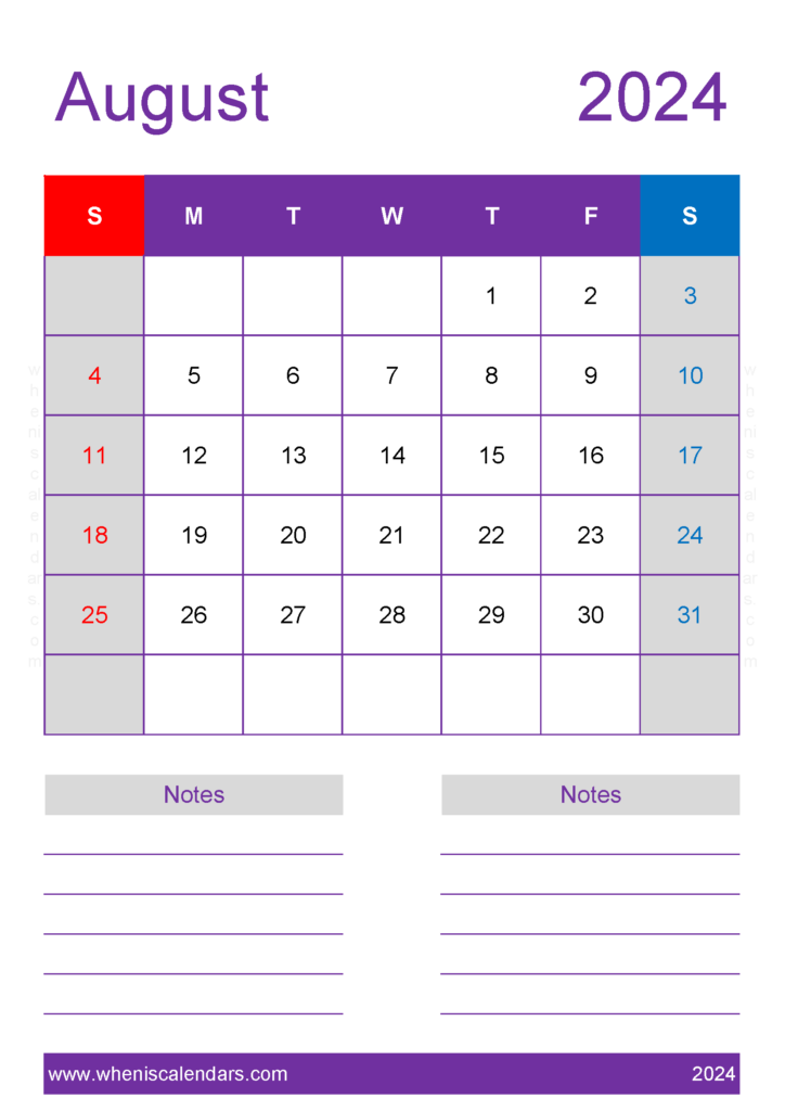 Download August 2024 Calendar large print A4 Vertical 84238