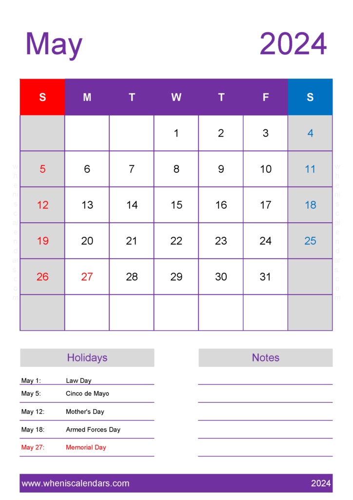 Download May 2024 Blank Calendar Printable A4 Vertical 54156