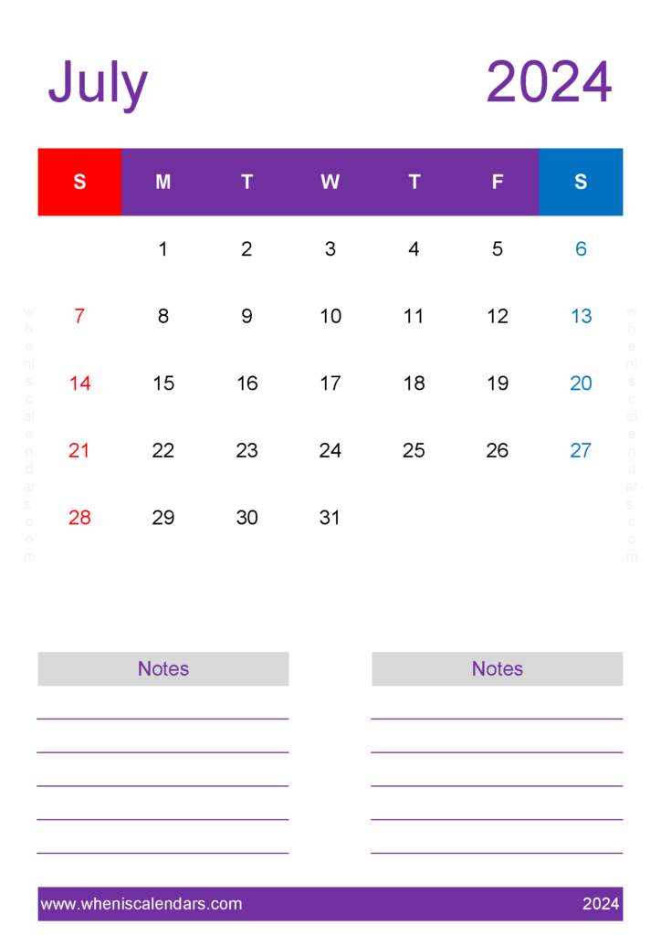 Download July 2024 Printable Calendar word A4 Vertical 74239