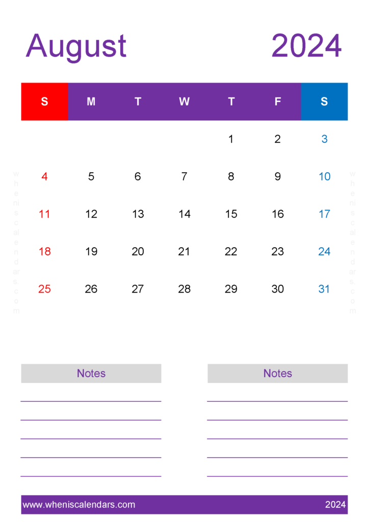 Download August 2024 Printable Calendar word A4 Vertical 84239