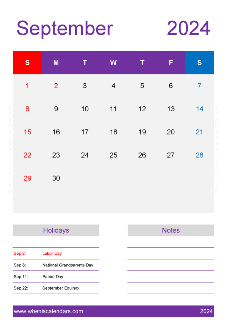 Download monthly Calendar Template September 2024 A4 Vertical 94160