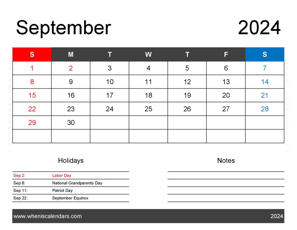 Download September 2024 Blank Calendar pdf Letter Horizontal 94161