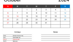 October 2024 Blank Calendar PDF O1161