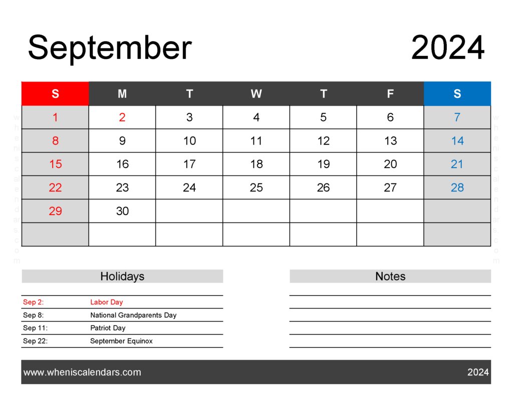 Download Blank Printable Calendar September 2024 Letter Horizontal 94162