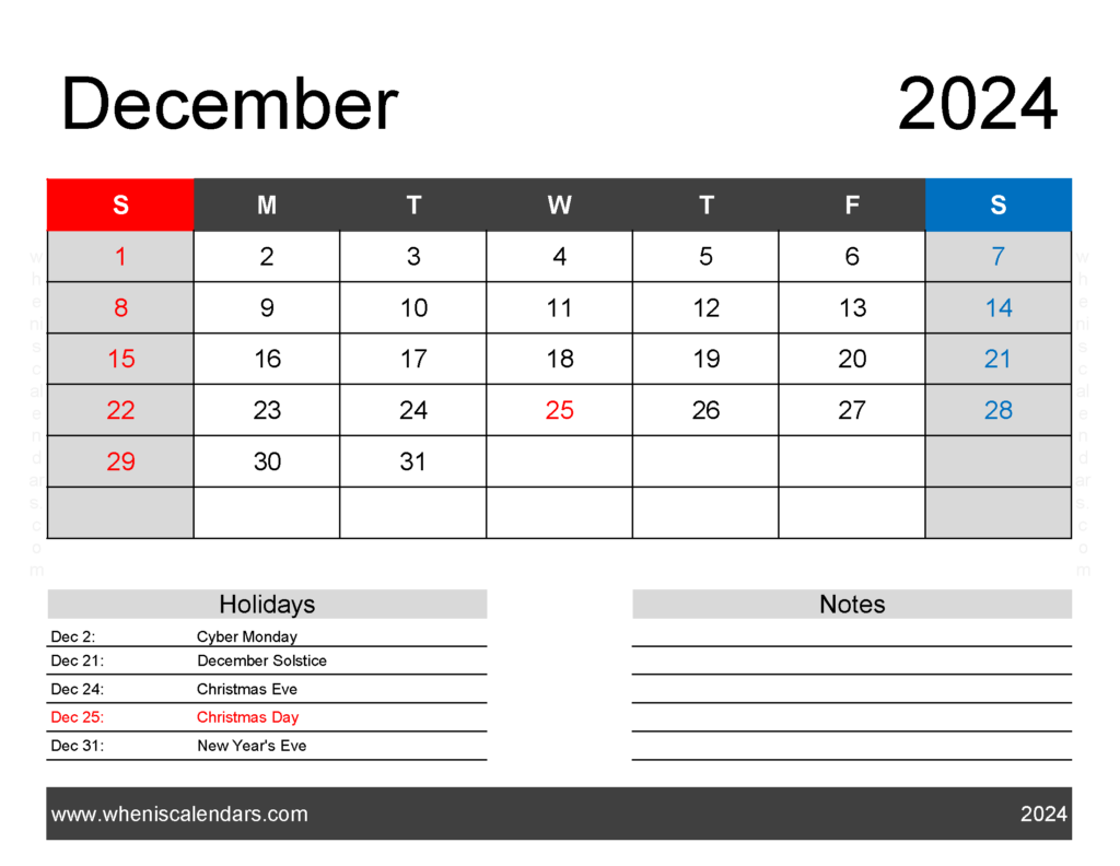 Download Blank Printable Calendar December 2024 Letter Horizontal 124162