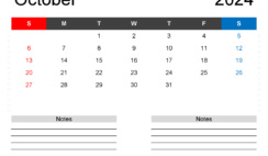 Printable Monthly Calendar for October 2024 O1243